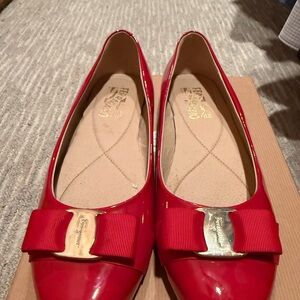 Salvatore Ferragamo Red Patent Vara Bow Flats with Gold Hardware
